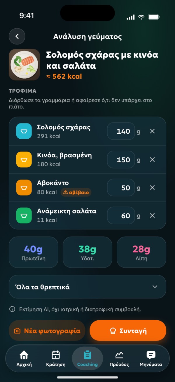 Εκτίμηση θερμίδων και μακροθρεπτικών από φωτογραφία πιάτου