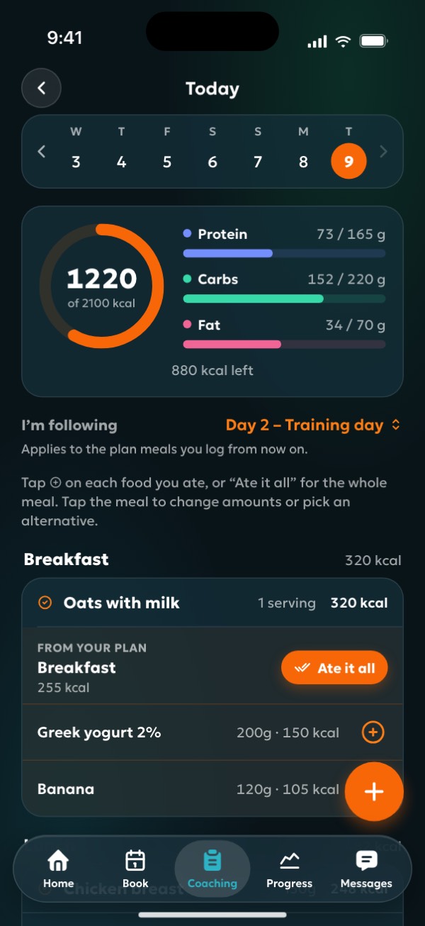 The food diary in the app, with calories and macros against target
