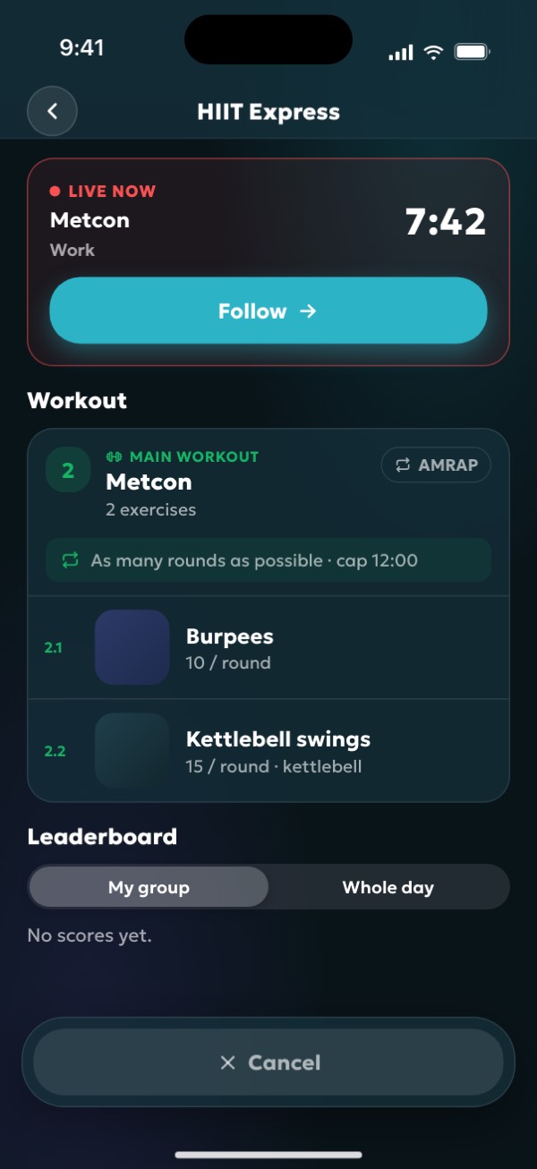 A live class in the app, with a countdown and the Follow button