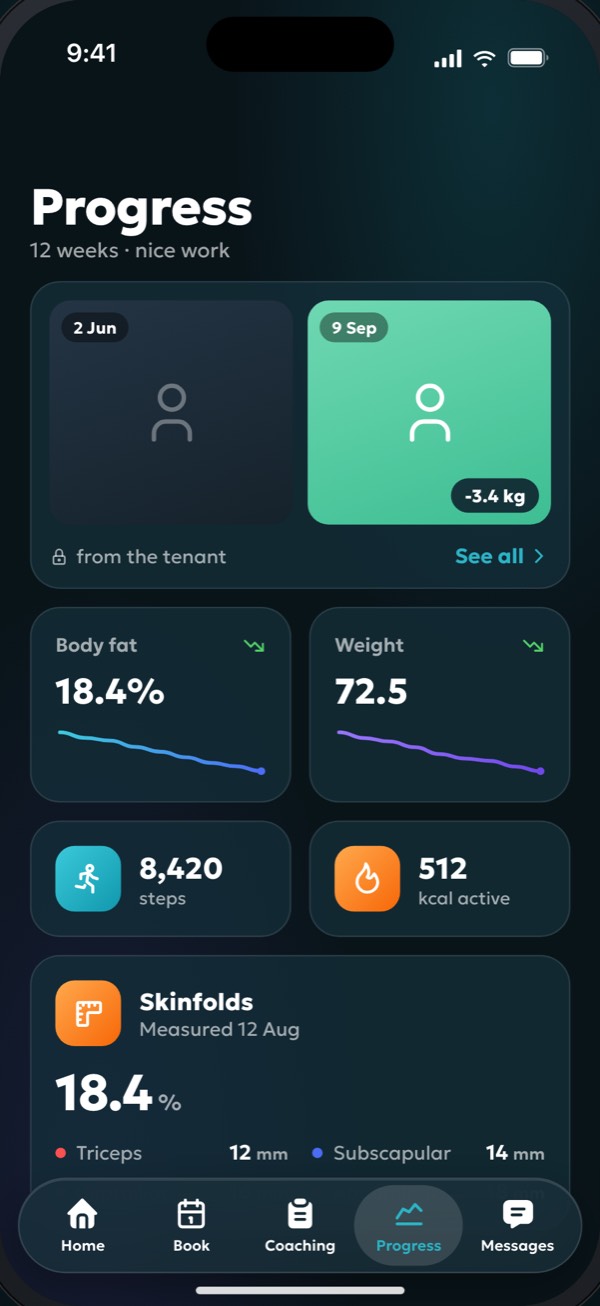 Progress in the app: body fat, weight, skinfolds and steps