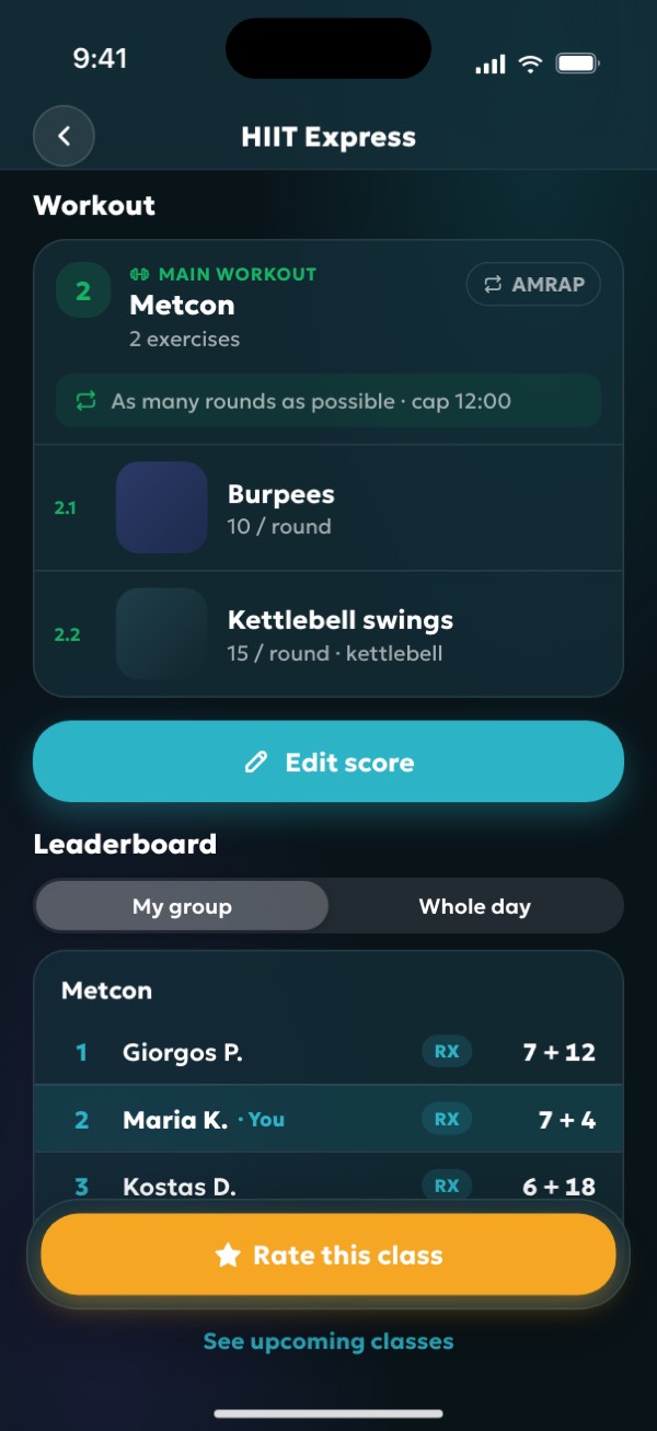 The class workout with an AMRAP, scores and a leaderboard in the app