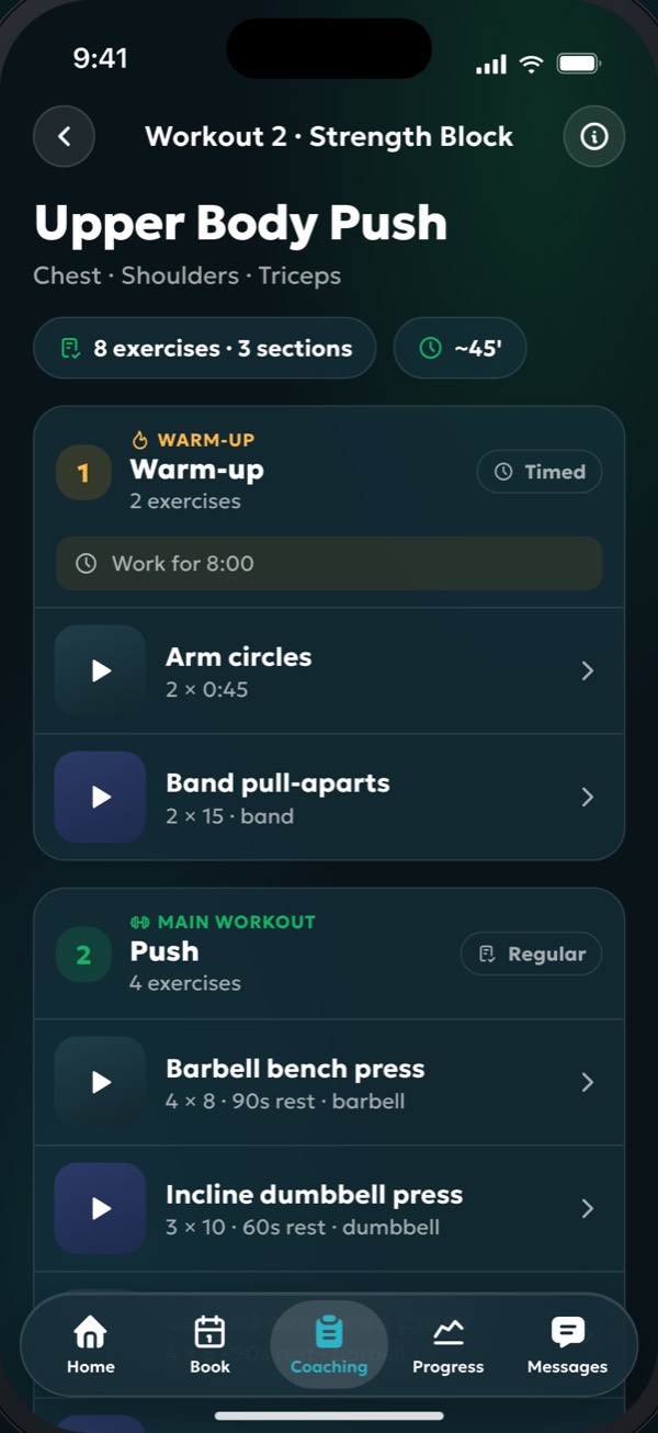 Today's workout in the app, exercises grouped by section